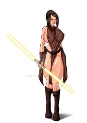 bastila_shan female female_only grin jedi large_breasts lightsaber medium_hair sexydarkbr star_wars tagme