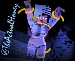 1girls big_breasts black_and_blonde_hair honey_(tah) mine-imator minecraft mummy_costume nipple_piercing theactualhoney