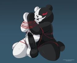 2023 anthro balls bear belly black_body bodily_fluids bondage bound danganronpa digital_drawing_(artwork) digital_media_(artwork) english_text erection genitals humanoid_genitalia humanoid_penis kneeling male male_only mammal monokuma multicolored_body nude overweight penis simple_background smile solo split_color spunkerart sweat teeth text url vein veiny_penis white_body worried_face