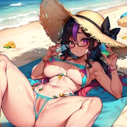 ai_generated beach_background bikini purple_hair summer_hat sweaty_body visible_pussy