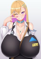 big_breasts blonde_hair boryeon_(last_origin) cleavage female_only huge_breasts last_origin massive_breasts one_eye_closed rabit smile solo_female tagme upper_body v v_over_eye