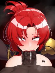 1boy 1girls beauty_mark blowjob blush breasts censored dark-skinned_male dark_skin fellatio honkai_(series) honkai_impact_3rd huge_breasts light-skinned_female light_skin lipstick male_pov mosaic_censoring murata_himeko nanquanzl penis pov queen_of_spades red_hair red_lipstick spade_tattoo sweat tattoo yellow_eyes