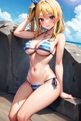 ai_generated beach bent_knees bikini blonde_hair blue_striped_bikini blush brown_eyes fairy_tail lucy_heartfilia ponytail rocks sitting_on_rock smile