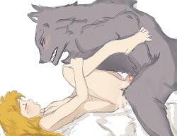 anthro big_bad_wolf black_body blonde_hair bodily_fluids canid canine canis cum duo fairy_tales female genital_fluids gesture grin hair human little_red_riding_hood little_red_riding_hood_(copyright) male male/female mammal penetration smile studyart thumbs_up tongue tongue_out wolf