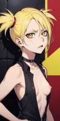 1girls ai_generated bleach choker exposed_breasts female female_only freckles hiyori_sarugaki nipples oerba_yun_fang revealing_clothes revealing_dress sarugaki_hiyori short_hair small_breasts solo standing twintails vest yellow_hair