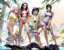 4girls ai_generated bikini bikini_bottom bikini_top demon_slayer female group jungle kamado_nezuko kanroji_mitsuri kimetsu_no_yaiba kochou_shinobu lineup playfulslothh tsuyuri_kanao undressing