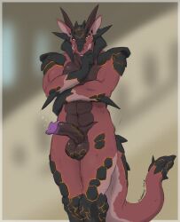 2023 anthro balls black_scales dragon erection hi_res horn looking_at_viewer male multi_horn multicolored_body multicolored_scales muscular muscular_anthro muscular_male nude penis red_body red_eyes red_scales redhorn_(zerofox) scales scalie solo standing two_tone_body two_tone_scales wingless_dragon yellow_sclera zerofox1000