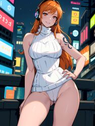 1girls ai_generated big_breasts breasts busty city city_background curvy egghead erogeknight female female_only futuristic hand_on_hip headphones leotard long_hair nami one_piece orange_hair panties pose post-timeskip pussy pussy_bulge shoulder_tattoo smile solo standing tattoo thick_thighs white_clothing