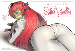 1girls ass ass_focus bodysuit cameltoe erodrunky french_text from_behind glowing_eyes guilty_gear hi_res jack-o'_valentine looking_back lying mask on_stomach red_hair self_upload simple_background skin_tight speech_bubble spoken_heart tight_clothing translated watermark white_background white_bodysuit