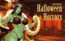 2d 2d_(artwork) 2d_artwork a_house_in_the_rift artbook black_lingerie brown_hair brunette_hair fangs fangs_out from_dusk_till_dawn green_body green_skin halloween halloween_2023 halloween_costume headband headwear lingerie long_ears orc orc_female original original_art original_artwork original_character original_characters snake special teeth_showing video_game video_game_character video_games yona