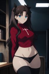 1girls ai_generated big_breasts black_panties black_stockings blue_eyes brown_hair curvy fate/stay_night fate_(series) looking_at_viewer minusleto panties stable_diffusion stockings thick_thighs tohsaka_rin