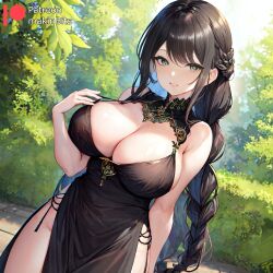 ai_generated big_breasts black_dress black_hair braided_hair garden long_hair makinbits milf