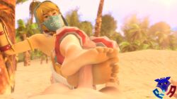 2023 5_toes blonde_hair blue_eyes feet foot_fetish foot_play footjob genitals gerudo_outfit hair hi_res humanoid humanoid_feet humanoid_genitalia humanoid_hands humanoid_penis hylian link male_focus male_only nintendo palm_tree penis plant plantigrade rookieanimator210 sand sex the_legend_of_zelda toes tree