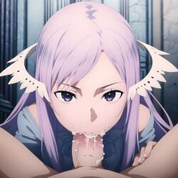 1:1_aspect_ratio 1boy ai_generated clothed_female_nude_male duo fellatio female female female_focus high_resolution indoors light-skinned light-skinned_female light_skin long_hair looking_at_viewer male male_pov nude nude_male oral penis purple_eyes purple_hair quinella_(sword_art_online) semen sword_art_online sword_art_online:_alicization very_high_resolution