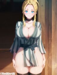 1girls ai_generated artist_name ass big_ass big_breasts big_butt blonde_female blonde_hair blue_eyes breasts choker female female_only kimono leggings legwear looking_at_viewer redalertai standing stockings thick_thighs thighhighs thighs watermark