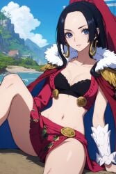 1girls ai_generated black_hair blue_eyes boa_hancock female female_only looking_at_viewer medium_breasts minusleto one_piece spread_legs stable_diffusion thighs