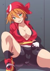 1girls anime_style ass bike_shorts breasts cosplay female female_only kasumi_(pokemon) konno_tohiro may_(pokemon)_(cosplay) pokemon pokemon_rgby pokemon_rse shorts sitting solo spread_legs thighs tomboy