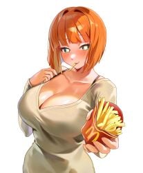 1girls big_breasts bob_cut breasts busty cleavage curvaceous curvy curvy_female curvy_figure female female_only french_fries fries huge_breasts large_breasts machulanko mcdonald's milf mom_(japanese_mcdonald's_commercial) mother orange_hair solo voluptuous yoru_mac