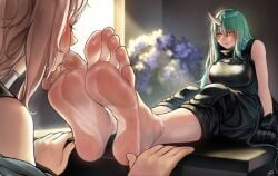 2girls arknights blush feet female female_only foot_fetish foot_worship gravel_(arknights) greek_toe green_hair horn hoshiguma_(arknights) multiple_girls nikishiko smell smelly smelly_feet steam sucking sucking_toes tagme_(character) toes worship yuri