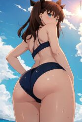 1girls ai_generated ass blue_eyes brown_hair fate/stay_night fate_(series) looking_at_viewer minusleto stable_diffusion sweat sweatdrop swimsuit thick_thighs tohsaka_rin