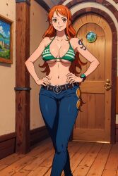 1girls ai_generated artkoikoi belly_button big_breasts bikini_top bikini_top_only blue_clothing blue_pants breasts cleavage female female_only jeans long_hair nami no_shirt one_piece orange_hair pants post-timeskip solo tattoo wide_hips