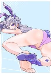 :d animal_ears ass barefoot blush bunnysuit crystal_feet fake_animal_ears fake_bunny fake_bunny_tail fake_tail feet female from_behind gem grey_hair hair_flaps headpiece highres hololive hololive_english hololive_english_-advent- jewel_under_eye koseki_bijou leotard long_hair looking_back lying moral_cacoethes on_stomach purple_crystal purple_eyes purple_gemstone purple_leotard pussy pussy_peek rabbit_ears rabbit_tail smile solo tail teeth toes upper_teeth_only very_long_hair virtual_youtuber vtuber