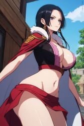 1girls ai_generated big_breasts blue_eyes boa_hancock female female_only minusleto one_piece outdoors stable_diffusion stomach thighs