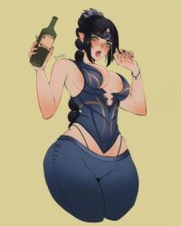 1girls baldur's_gate_3 big_breasts black_hair braid corset dungeons_and_dragons elf elf_ears green_eyes high_leg_thong shadowheart sideboob single_braid sookidraws thick_thighs wide_hips