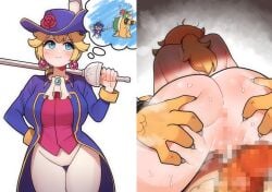 1boy 1girls 2023 2_panel_comic 2d 2d_(artwork) 2koma 4_fingers 5_fingers accessory anthro_penetrating_human ass ass_grab ballsack big_ass big_breasts blonde blonde_hair blue_eyes blush blush_lines bodily_fluids bowser bracelet breasts censored censored_anus censored_genitalia censored_penis censored_pussy claws clothed clothing comic comic_panel cowgirl_position creampie creeeen creeeen_jjang cum_in_pussy cum_inside defeated defeated_heroine earrings ejaculation female female_focus female_on_anthro female_on_top female_penetrated femsub fit fit_female fringe fully_clothed hi_res holding_weapon hourglass_figure human_on_anthro instant_loss instant_loss_2koma interspecies jacket low_ponytail male maledom mario_(series) messy_hair nintendo nude penis ponytail princess_peach princess_peach:_showtime! questionable_consent simple_background skindentation slim_waist smile smiling smooth_skin spiked_bracelet steam steaming_body sweat sweatdrop sweating sword swordfighter_peach tagme thick_thighs thigh_gap thighs thought_bubble tied_hair tight_clothing vaginal_penetration weapon wet wet_body white_background wide_hips yellow_body