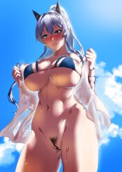 1girls absurdres bar_censor bikini bikini_top_only blue_bikini blue_eyes blue_hair blue_sky bottomless breasts censored embarrassed female female_pubic_hair gloves goddess_of_victory:_nikke hair_between_eyes helm_(aqua_marine)_(nikke) helm_(aquamarine)_(nikke) helm_(nikke) high_ponytail highleg highleg_bikini highres jacket large_breasts light-skinned_female light_blush light_skin long_hair long_sleeves micro_bikini mrdotd navel official_alternate_costume open_clothes open_jacket open_mouth outdoors pubic_hair see-through see-through_jacket see-through_shirt sidelighting sky solo string_bikini swimsuit wet wet_jacket white_gloves white_jacket