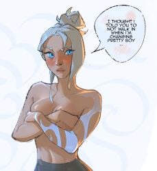 antwolph blue_eyes blush breasts covering covering_breasts embarrassed embarrassed_female hands_on_breasts human jett_(valorant) lips riot_games topless topless_female valorant white_hair white_skin