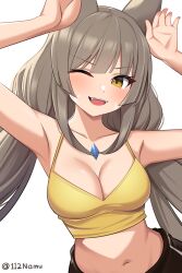 1girls breasts cat_ears cat_pose catgirl cleavage core_crystal female female_only grey_hair looking_at_viewer medium_breasts namu_(112namu) nia nia_(blade) nia_(xenoblade) nintendo one_eye_closed smile solo xenoblade_(series) xenoblade_chronicles_2 yellow_eyes