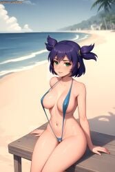 ai_generated beach everlasting_summer female female_only green_eyes lena_(everlasting_summer) lenjoy purple_hair sea short_hair sitting sling_bikini slingshot_swimsuit solo twintails watermark