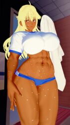 1girls abs after_shower athletic athletic_female band-aid_on_face bandaid bandaid_on_cheek bandaid_on_face big_breasts big_navel blonde_hair blue_panties blue_thong dark-skinned_female dark_skin eyes female gakuen_no_ikenie_nagusami_mono_to_kashita_kyonyuu_furyou_shoujo_~hakudaku_ni_okasareru_kasshoku_&_daniku_no_kyouen~ gyaru hair hip_bones human kaoskatsu kuro_gyaru large_breasts legs long_hair navel panties shoko_(gakuen_no_ikenie) short_sleeves shorts six_pack sportswear thigh_gap thighs thong toned_stomach towel water_drop water_droplets wet_skin white_shirt white_towel wide_hips yellow_hair