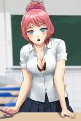 1girls black_bra blue_eyes bra brainwashing breasts empty_eyes hypnosis mind_control open_mouth pink_hair school_uniform schoolgirl spiral_clicker