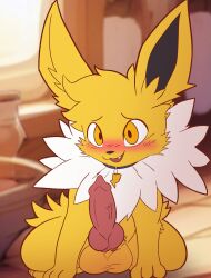 absurd_res balls blush bundefault collar digital_drawing_(artwork) digital_media_(artwork) eeveelution erection feral fur generation_1_pokemon genitals hi_res jolteon looking_at_viewer male nintendo paws penis pokemon pokemon_(species) smile solo vein veiny_penis yellow_body yellow_eyes