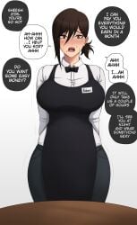 1futa 2023 absurdres apron asian asian_futanari beauty_mark big_breasts blush breasts brown_hair busty chainsaw_man clothed clothing curves curvy curvy_body curvy_figure customer_service dialogue english_text fully_clothed futa_only futanari higashiyama_kobeni hips huge_breasts human large_breasts light-skinned_futanari light_skin mole nametag nervous nervous_expression offering offering_sex png propositioning shounen_jump shy solo standing sweat sweating sweaty tagme talking_to_viewer text vicsenpai waitress waitress_outfit waitress_uniform wide_hips