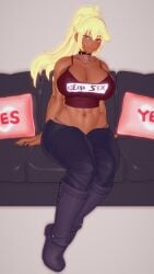 1girl 1girls abs athletic_female band-aid band-aid_on_face bandaid bandaid_on_cheek bandaid_on_face big_breasts black_couch black_jeans black_nails black_sofa blonde_female blonde_hair boots breasts chain_necklace child_bearing_hips cleavage clothed clothing couch curvy dark-skinned_female dark_skin female fit fit_female gakuen_no_ikenie_nagusami_mono_to_kashita_kyonyuu_furyou_shoujo_~hakudaku_ni_okasareru_kasshoku_&_daniku_no_kyouen~ glowing_hair gyaru heart_pillow hips huge_breasts jeans kaoskatsu kuro_gyaru large_breasts leather_couch long_boots long_fingernails long_hair long_nails looking_at_viewer lowleg lowleg_pants mature_female midriff nail_polish nails orange_eyes pillow pink_pillow print_pillow red_fingernails red_nails red_pillow shoko_(gakuen_no_ikenie) sitting six_pack slim slim_waist small_waist smirk sofa solo solo_female spiked_collar string_panties tank_top toned_female toned_stomach two_tone_nails whale_tail wide_hips yellow_hair