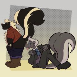 anthro boots bottomwear butt_sniffing clothed clothing duo eyewear footwear glasses hi_res joesanchez male male/male mammal mephitid necktie nose_to_anus pants raised_tail skunk skunk_tail sniffing tail tongue tongue_out undressing