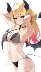 absurdres alternate_costume armpits arms_up ass bat_tattoo bikini black_bikini blonde_hair blue_eyes blush breast_tattoo breasts cowboy_shot demon_girl demon_horns demon_tail demon_wings female gradient_hair highres hololive hololive_gen_2 hololive_japan horns large_breasts long_hair looking_at_viewer multicolored_hair navel pointy_ears pomp_(qhtjd0120) simple_background solo succubus sweat swimsuit tail tattoo virtual_youtuber white_background wings yuzuki_choco