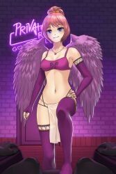 2d blue_eyes costume foot_play pink_hair spiral_clicker wings