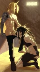 2boys black_hair blonde_hair blowjob bondage edward_elric envy_(fma) feet footjob fullmetal_alchemist handcuffs inicka-iniers male_only pubic_hair stirrup_legwear toeless_legwear