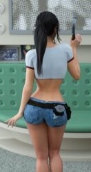 1girls 3d 3d_model big_breasts black_hair caroline_(milfy_city) construction_worker cosplay female female_only huge_breasts icstor jean_shorts milfy_city ponytail solo