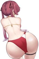 absurdres ass ass_focus bent_over bikini black_ribbon blush ear_blush earrings faceless_female facing_away female from_behind hair_ribbon heart heart_earrings highres hip_focus hololive hololive_fantasy hololive_japan houshou_marine houshou_marine_(4th_costume) huge_ass jewelry leaning_forward long_hair necklace pomp_(qhtjd0120) red_bikini red_hair ribbon simple_background solo swimsuit thigh_strap twintails virtual_youtuber white_background