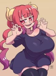 1girls 2023 deathzera digital_drawing_(artwork) dragon_girl female female_only hi_res horns huge_breasts ilulu_(dragon_maid) large_breasts looking_at_viewer miss_kobayashi's_dragon_maid monster_girl pink_hair red_eyes shark_teeth shortstack signature smile tagme voluptuous wide_hips