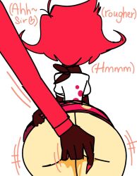 alastor_(hazbin_hotel) artist_request ass behind_view big_ass cyclops dialogue faceless_female faceless_male female fingering hazbin_hotel lifting_skirt niffty no_panties raised_clothing raised_skirt tagme thick_thighs wet_pussy yellow_pussy_juice