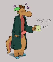 anthro balls beverage clothed clothing daverage_(dozendav) dozendav dragon erection footwear genitals groggy male mug open_clothing open_robe penis robe scalie slippers solo uwu