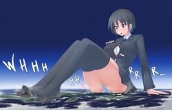 1girls black_eyes black_hair breasts country death_count destruction feet giantess giga_giantess large_breasts ochiko_terada open_mouth school_uniform shimapan short_hair sitting skirt striped_panties thighhighs thighs