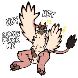 anthro avian balls beak english_text eyewear genitals glasses gryphon hi_res horn male multi_nipple mythological_avian mythology nipples paws penis simple_background solo tail text trout_(artist) trout_(character) white_background winged_arms wings