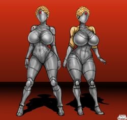 2girls android atomic_heart big_breasts blonde_hair busty duo duo_female faceless_female female female_focus female_only females_only humanoid jacket left_(atomic_heart) metallic_body no_sex red_background red_star right_(atomic_heart) robot robot_humanoid simple_background spellblade67 standing the_twins_(atomic_heart)